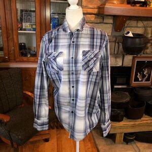 Zara young size Large blue and white long sleeve plaid shirt.